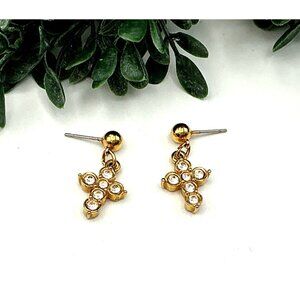 Cross Dangle Earrings With Rhinestone Gold-Tone
